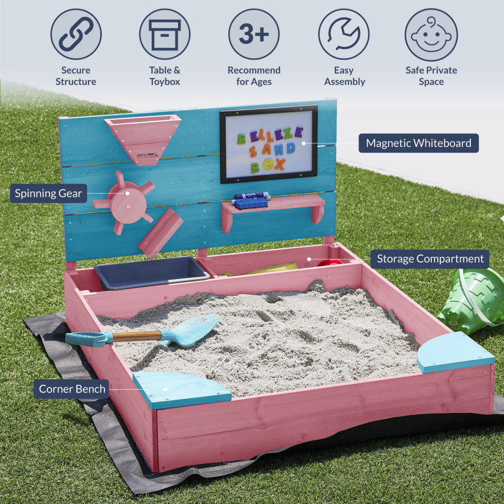 Kids Wooden Sandbox Outdoor Sandpit for Backyard with Cover (Pink)