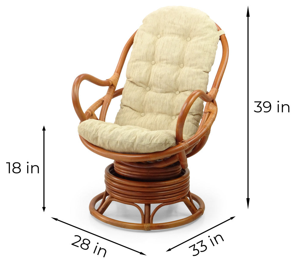 Java Lounge Swivel Rocking Rattan Wicker Chair Colonial, Cream Cushion