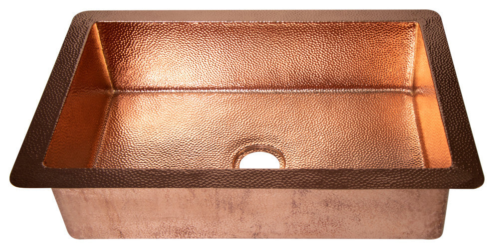 33" Drop-in Single Bowl Hammered Copper Kitchen Sink, 16 Gauge
