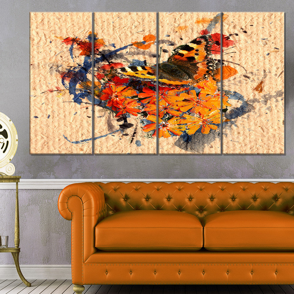 Butterfly and Abstract Art on Paper, Floral Art Canvas Print, 48"x28", 4 Panels