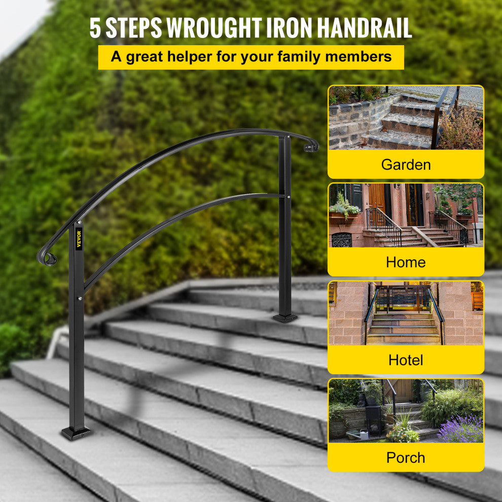VEVOR Handrails for Outdoor Steps 1 to 3 Steps Stair Railing, Black, 5 Ft