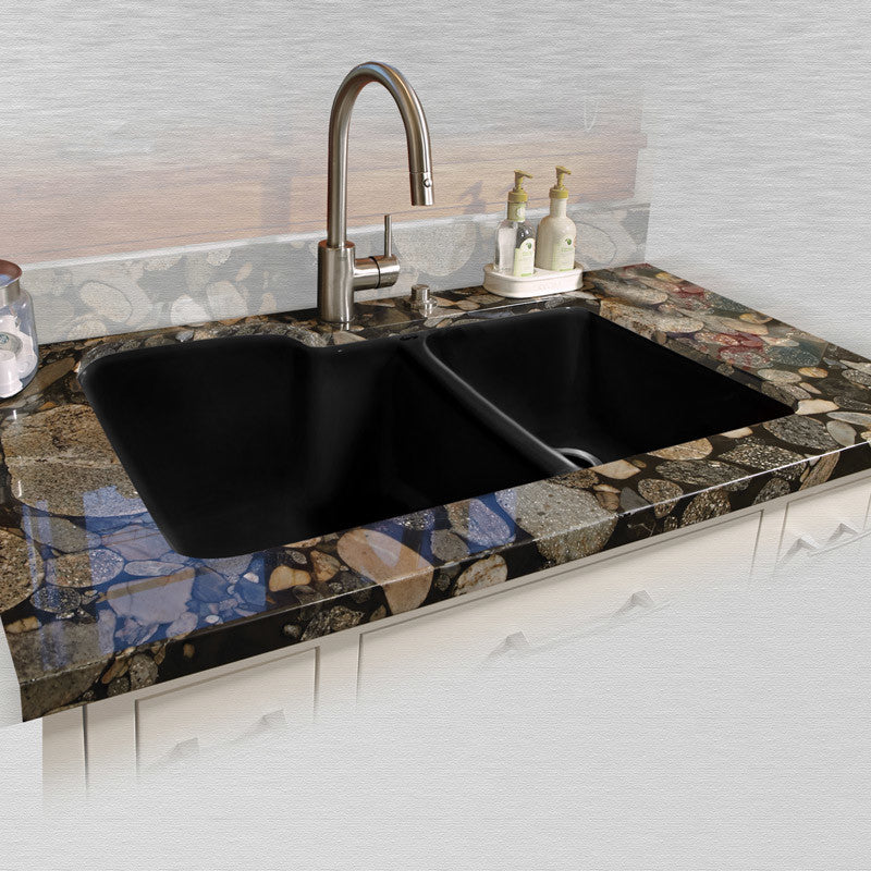 High-Low Double Bowl - Easy install No Hole Undermount, Black