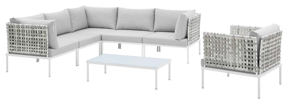 Lounge Sectional Sofa Chair Table Set, Sunbrella, Aluminum, Gray, Outdoor