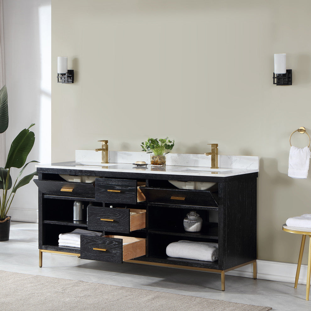 Kesia Black Oak Bathroom Vanity Set, 72", Without Mirror