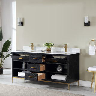 Kesia Black Oak Bathroom Vanity Set, 72", Without Mirror