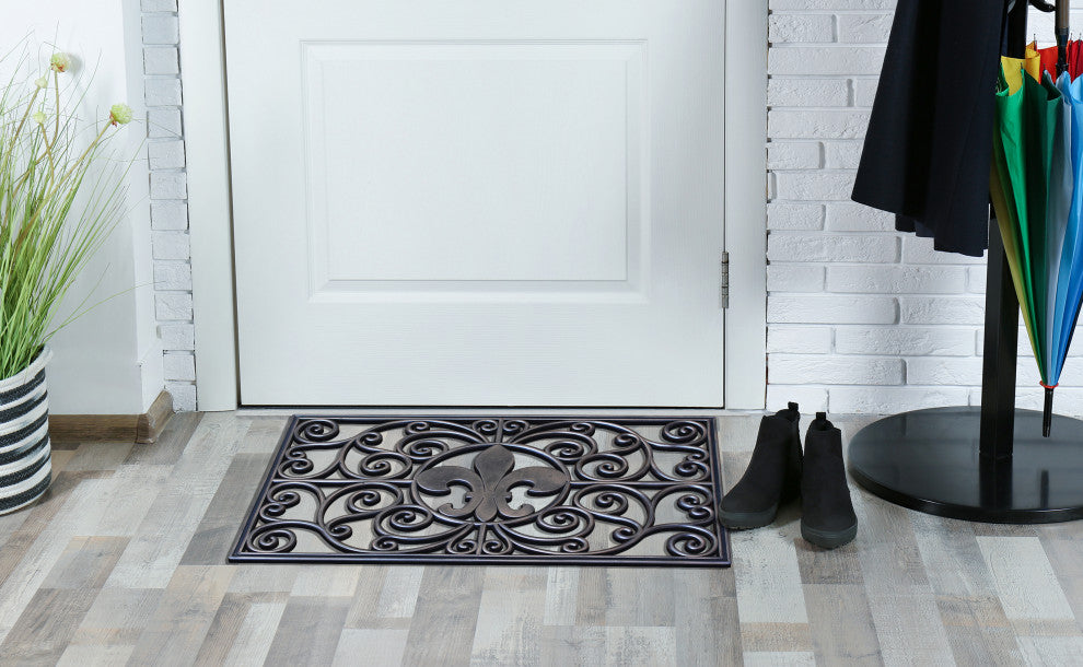 Outdoor Mat, Natural Rubber, 18"x30" Heavy Duty Doormat, Bronze Fleur-De-Lis