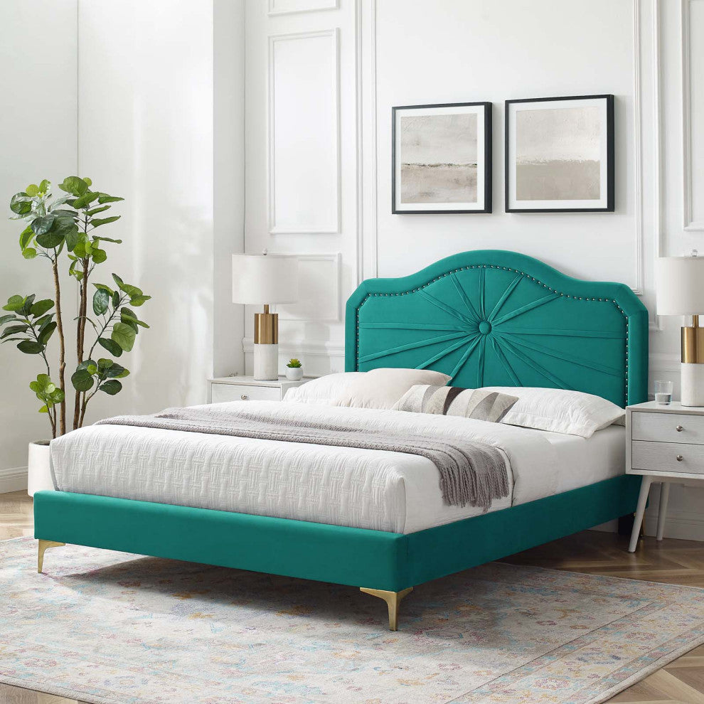 Platform Bed Frame, Twin Size, Velvet, Teal Blue, Modern Contemporary, Bedroom