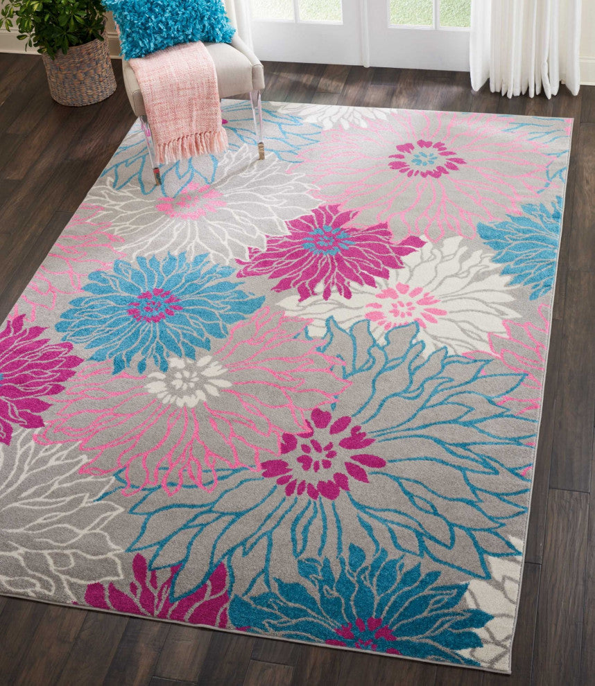 7 x 10 Gray and Pink Tropical Flower Area Rug