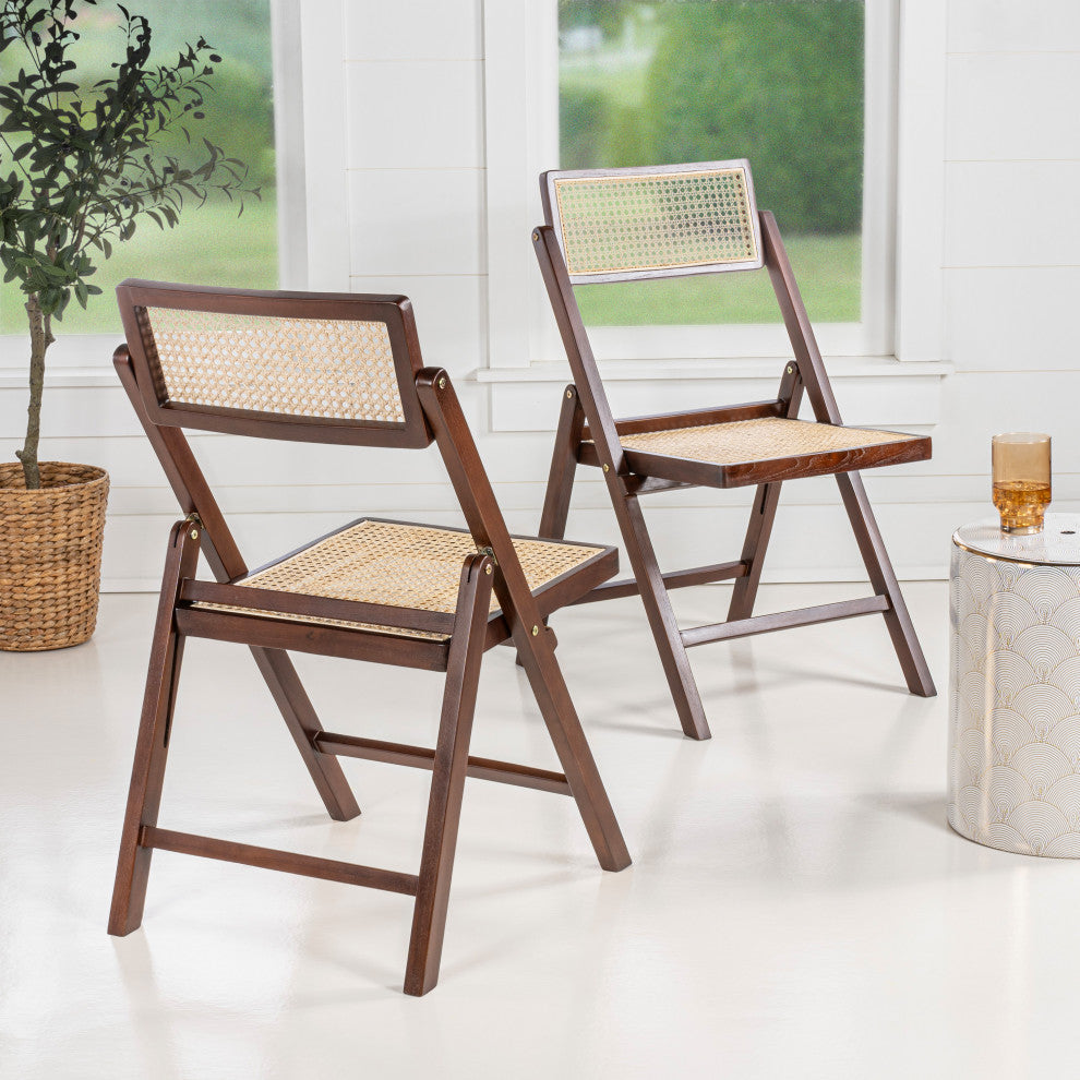 Vintage Wood Rattan Folding Chair With Adjustable Back, Dark Brown, Set of 2