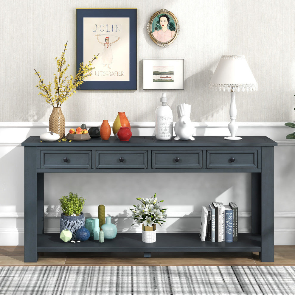 TATEUS 63" Console Table Hallway Sofa Table With Storage Drawers Bottom Shelf, Navy
