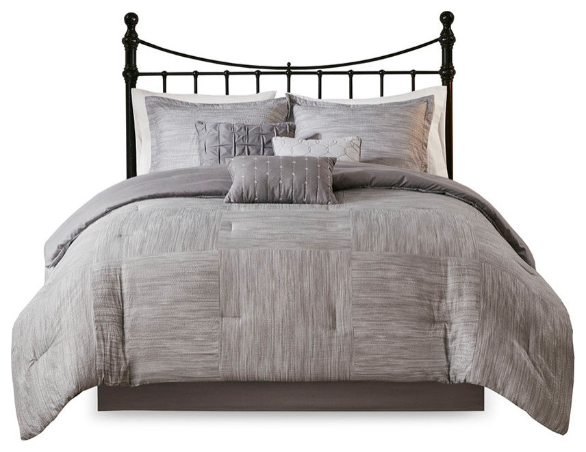 Madison Park Walter 7 Piece Printed Seersucker Comforter Set, Grey