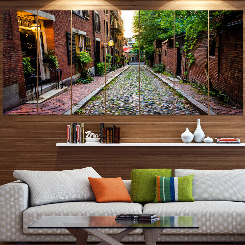 Acorn Street Massachusetts, Landscape Canvas Art Print, 83"x32", 7 Panels