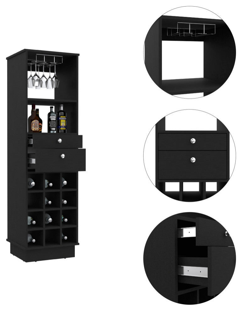 Hype Bar Cabinet with 12 Wine Cubbies, 2 Drawers, Glass Rack, and Shelf, Black