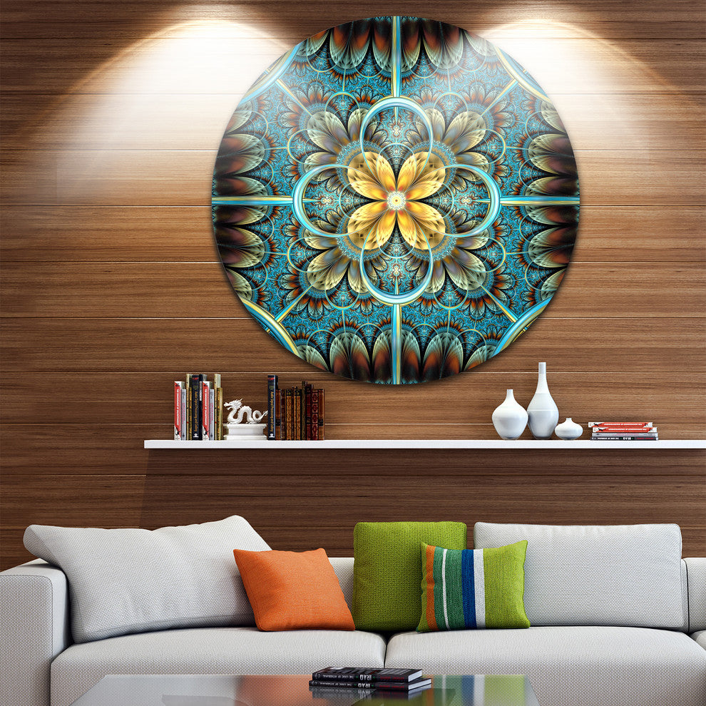 Blue And Yellow Fractal Flower Design, Floral Disc Metal Wall Art, 11"