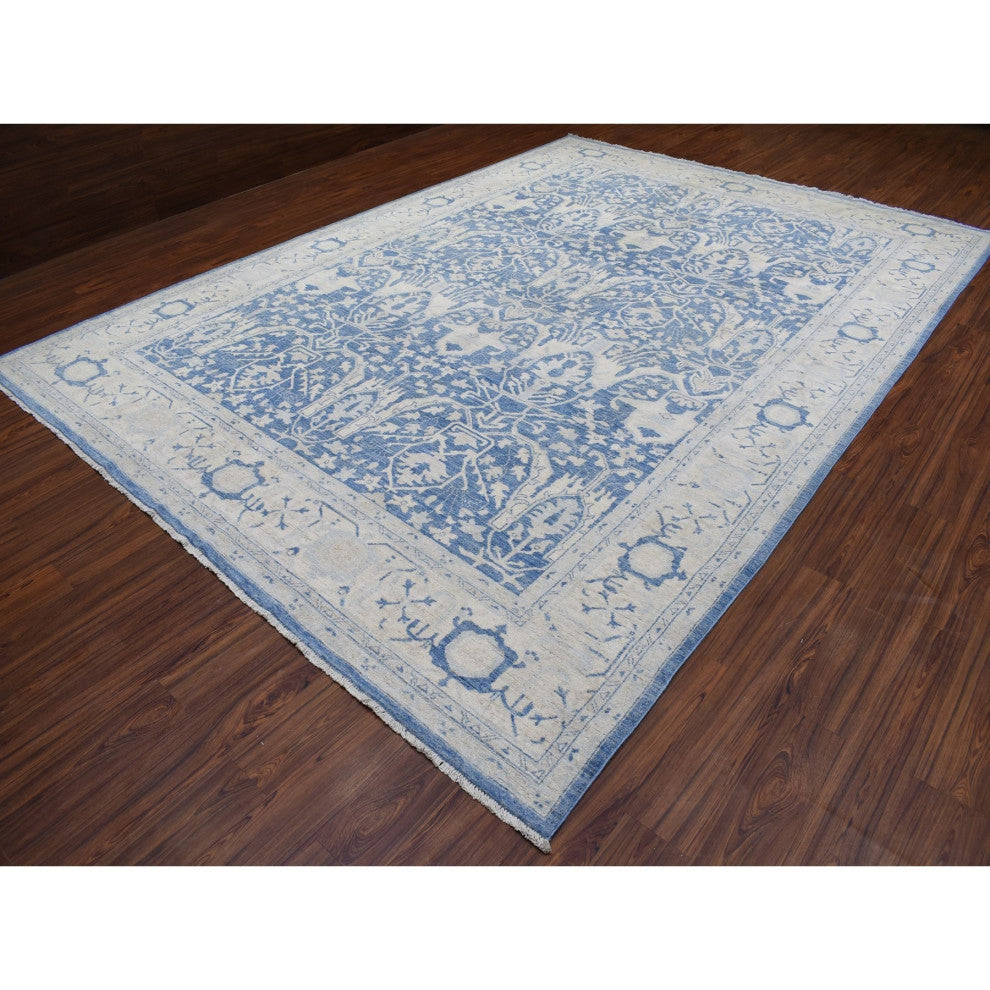 Denim Blue, Soft Wool Hand Knotted White Wash Peshawar, Rug, 9'8"x13'5"
