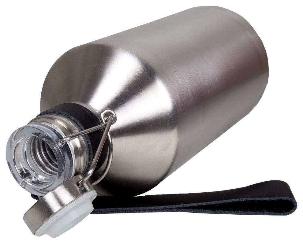 64oz Stainless Steel Beer Growler With Leather Strap, Silver