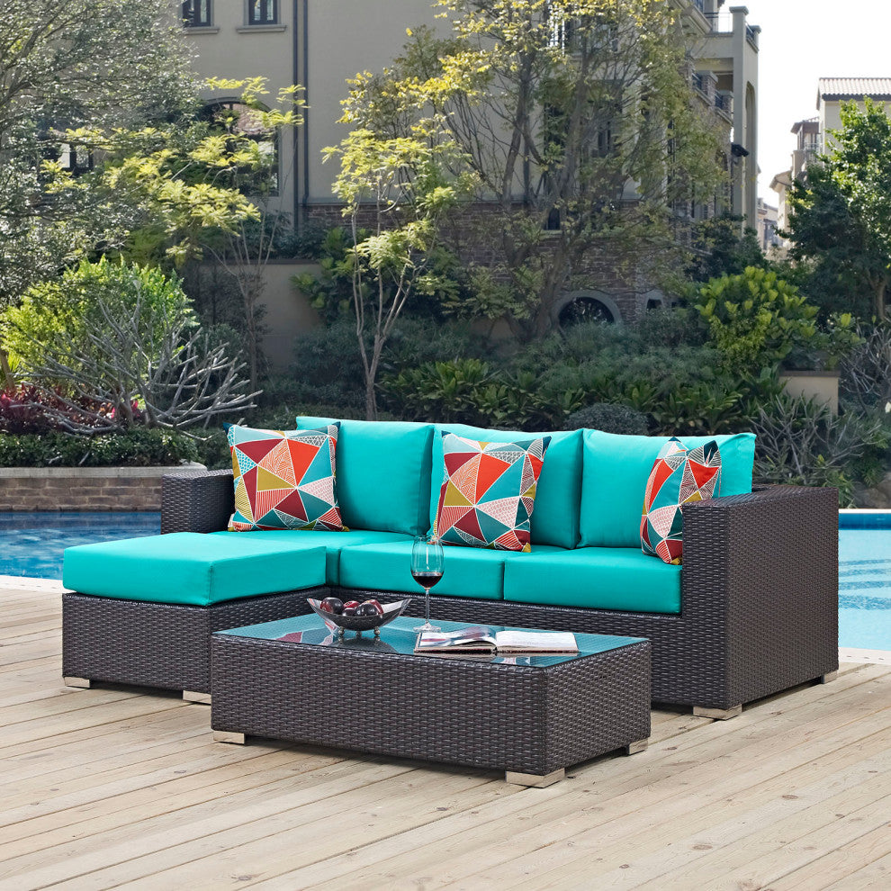 Lounge Sectional Sofa and Table Set, Rattan, Wicker, Dark Brown Blue, Outdoor