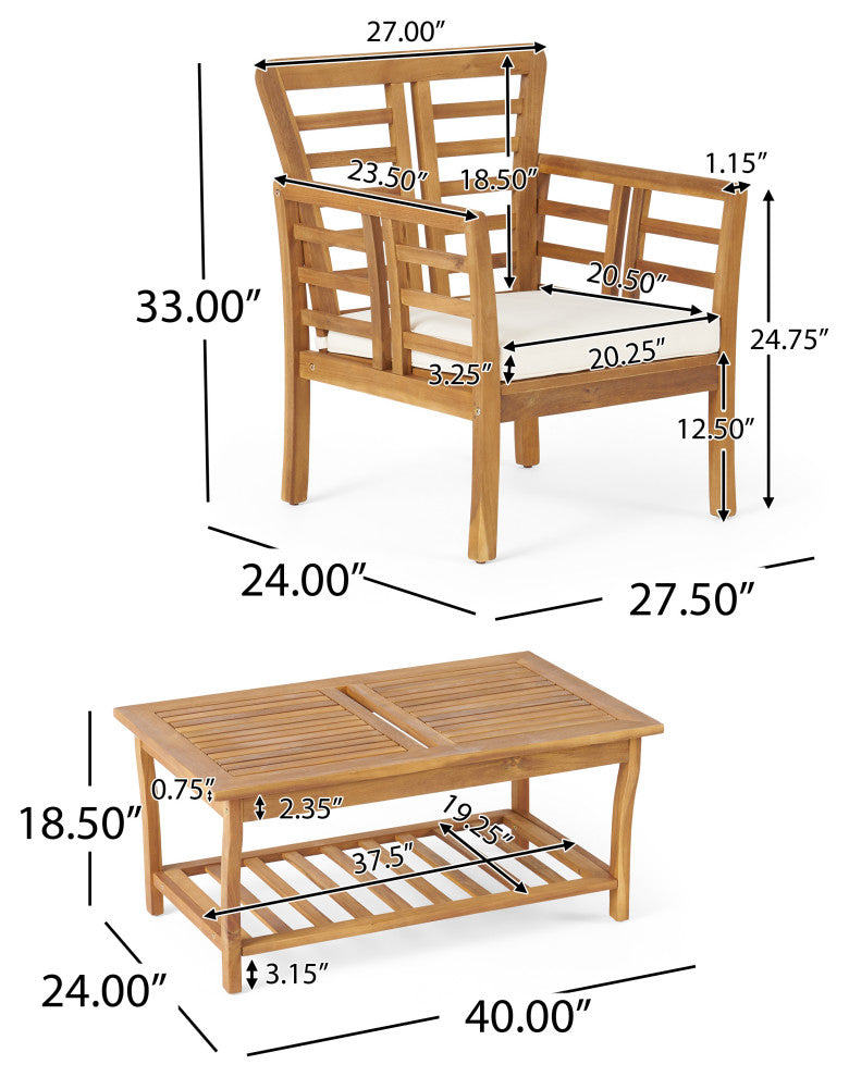 GDF Studio 4-Piece Louis Outdoor Solid Wood Chat With Cushions Set