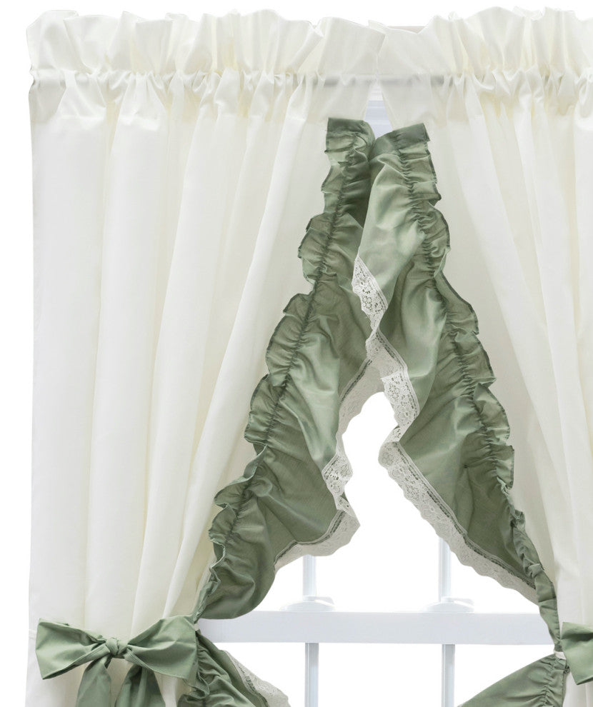 Madelyn Ruffled Victorian Priscilla Pair with Tiebacks, Sage, 100"x72"