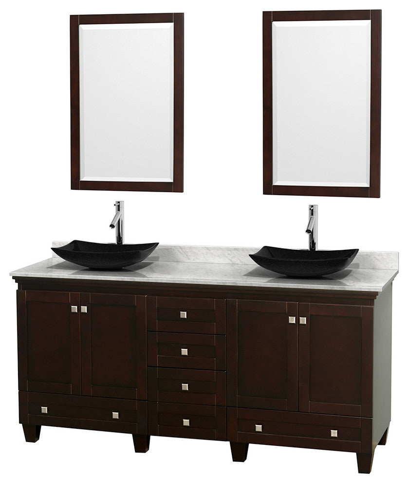 Acclaim Espresso DBL Vanity 24" Mirrors 72" White Carrera Marble, Black Granite