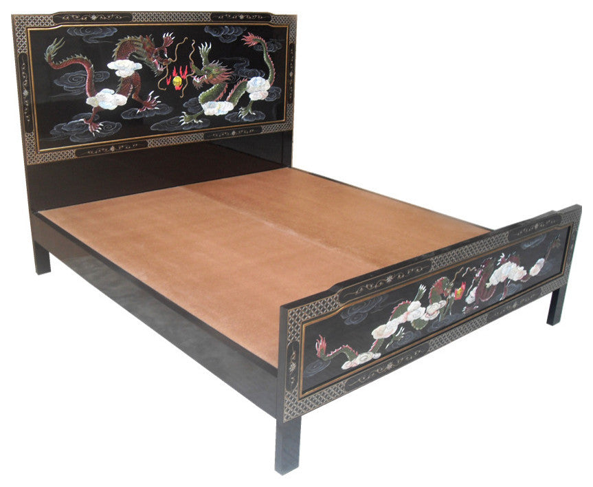 Oriental Bed, Chinese Black Lacquer Hand Painted Dragons, 80" King