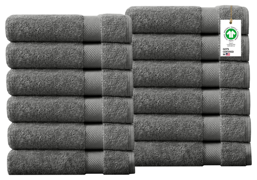 Delara Washcloths Set 100% Organic Cotton, GOTS Certified Absorbent, Sharkskin Grey, 12 Pack