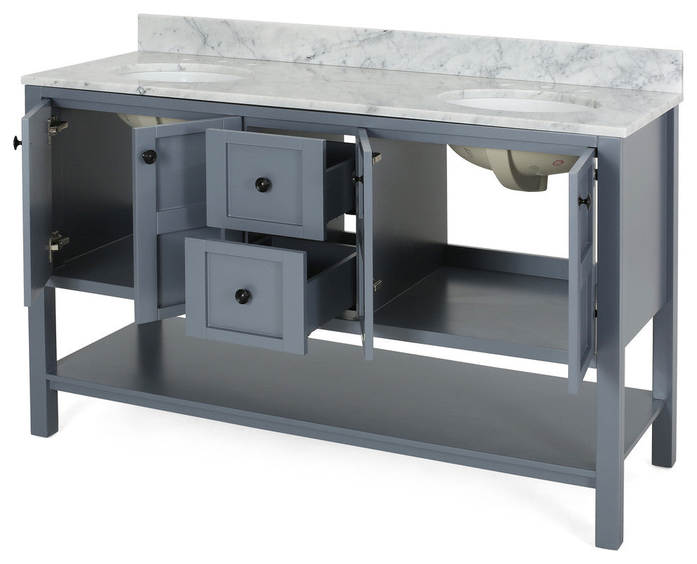 Anna Contemporary 60" Wood Double Sink Bathroom Vanity With Marble Counter Top, Gray