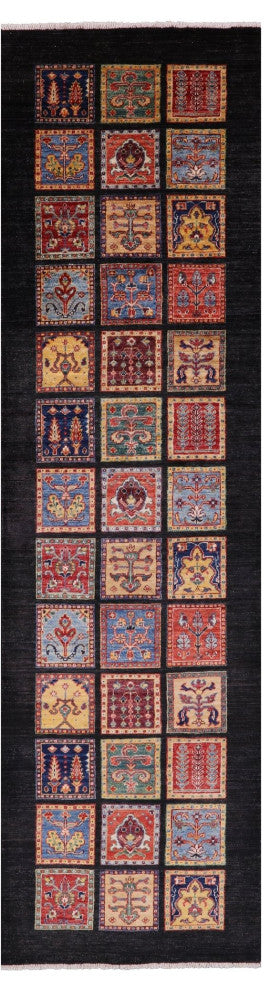 Persian Garden Design Handmade Black Runner Rug 2' 8" X 9' 7" Q10675