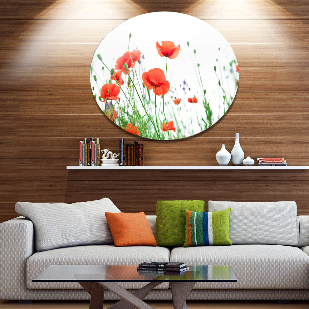 Poppy Flowers On White Background, Floral Disc Metal Artwork, 11"