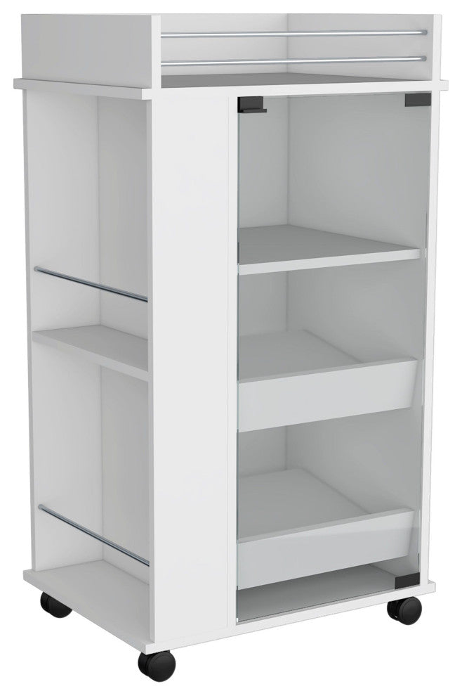 Lusk Bar Cart With Casters, Glass Door, 2 Inner Shelves, and Shelves, White