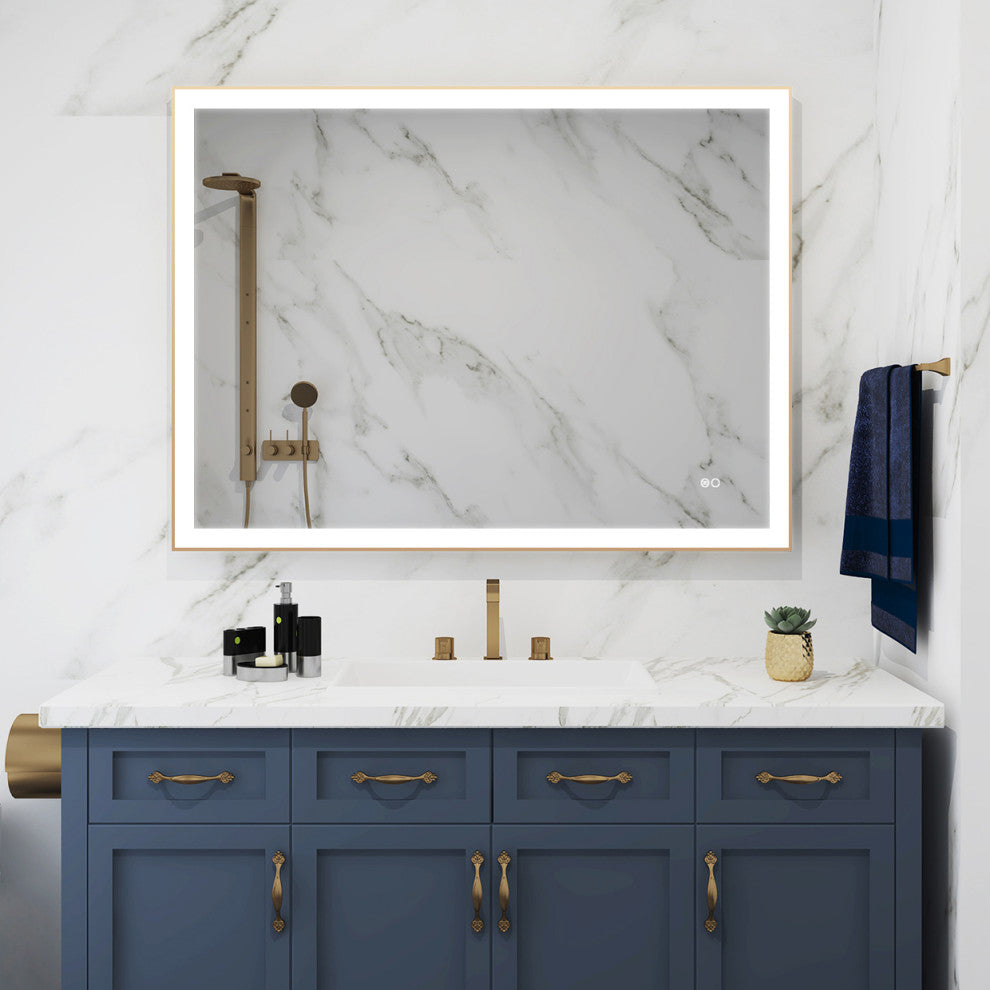 Framed LED Lighted Bathroom Vanity Mirror With Defogger, Gold, 48"x36"