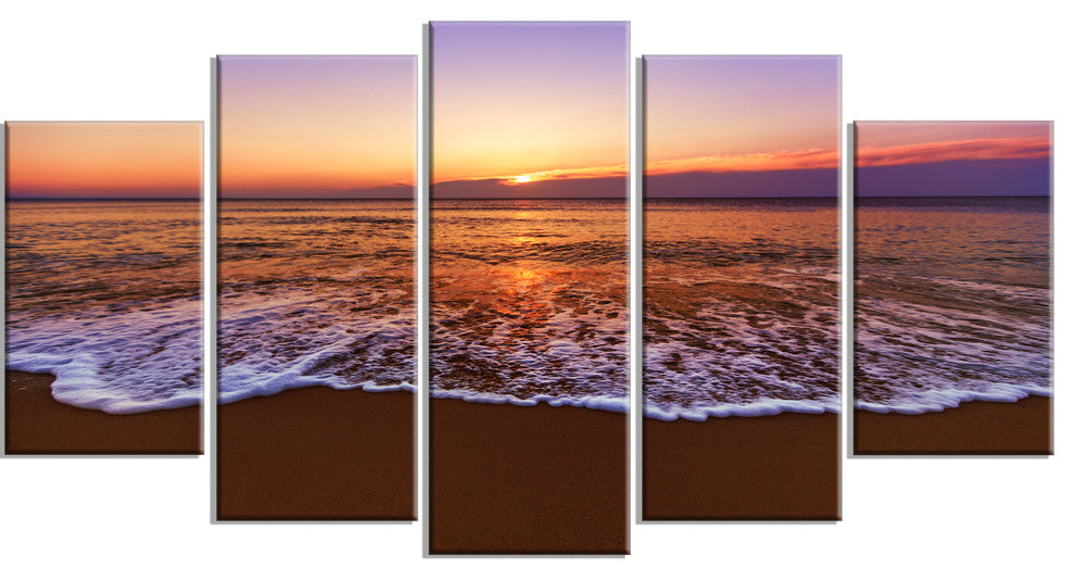 "Orange Tinged Sea Waters At Sunset" Beach Canvas Wall Art, 5 Panels, 60"x32"