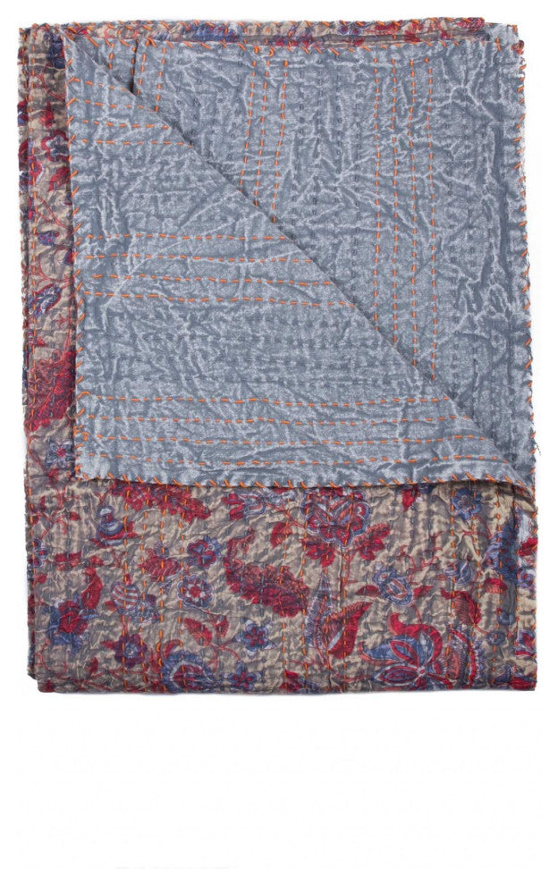 50" X 70" Green and Pink Kantha Cotton Paisley Throw Blanket with Embroidery