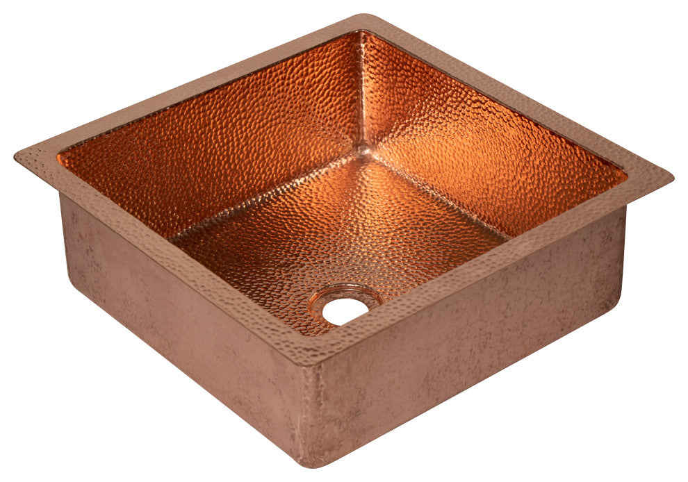 15" Square Hammered Copper Bathroom Sink, 18 Gauge