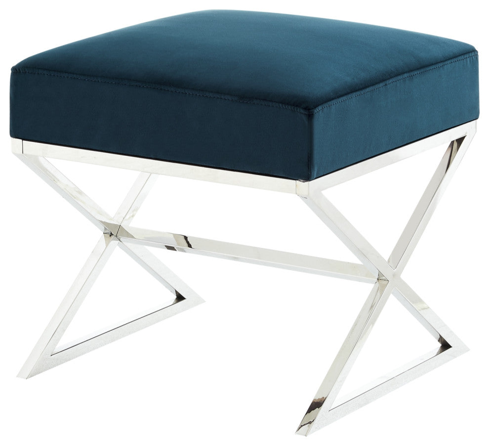 Oria Velvet X-Leg Chrome or Gold Base Ottoman, Navy/ Chrome