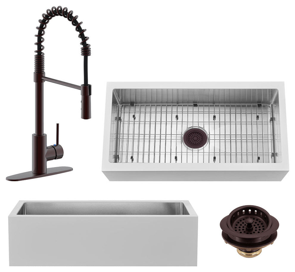 36" Single Bowl Farmhouse Solid Surface Sink and Faucet Kit, Oil Rubbed Bronze