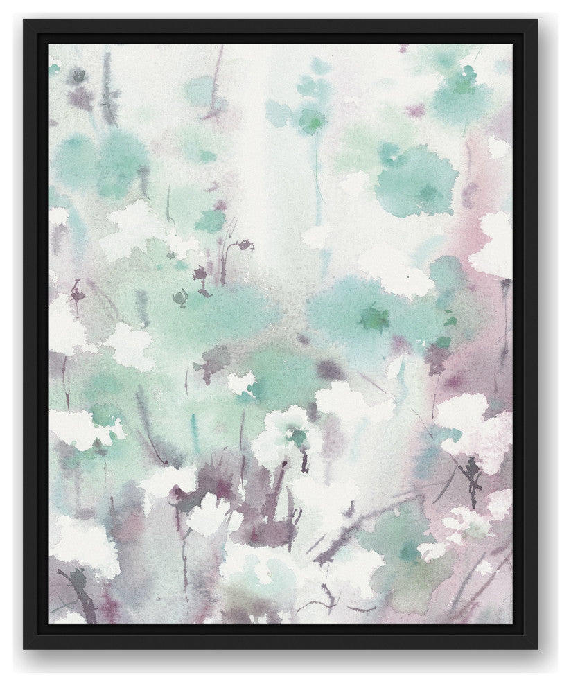 Hazy Mint Lilac Floral 16x20 Black Floating Framed Canvas