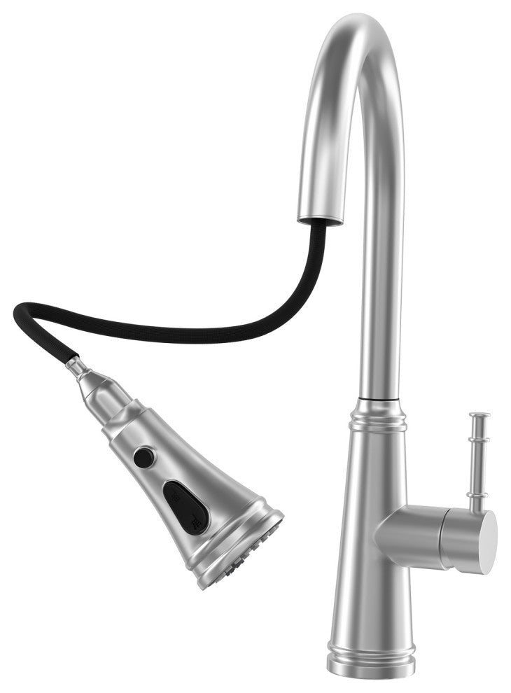 Single Handle Deck Mounted High Arc Pull Out Stainless Steel Kitchen Faucet, Bru