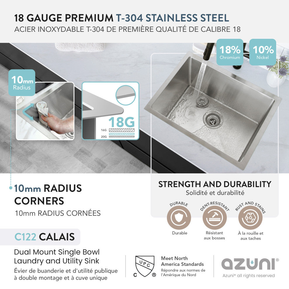 STYLISH Dual Mount 22" Single-Bowl Stainless Steel Utility Laundry Sink C122