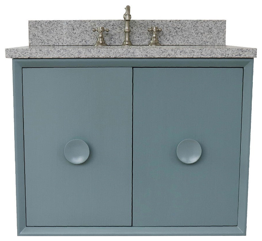 31" Single Wall Mount Vanity, Aqua Blue Finish With Gray Granite Top