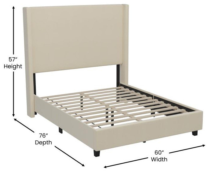 Quinn Upholstered Platform Bed with Channel Stitched Wingback Headboard, Beige, Full
