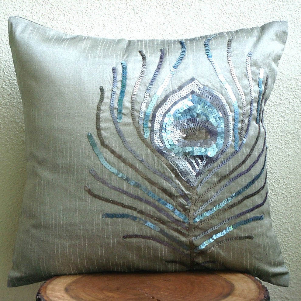 Sequins Peacock Feather Silver Art Silk Pillow Covers 14"x14", Peacock Feather