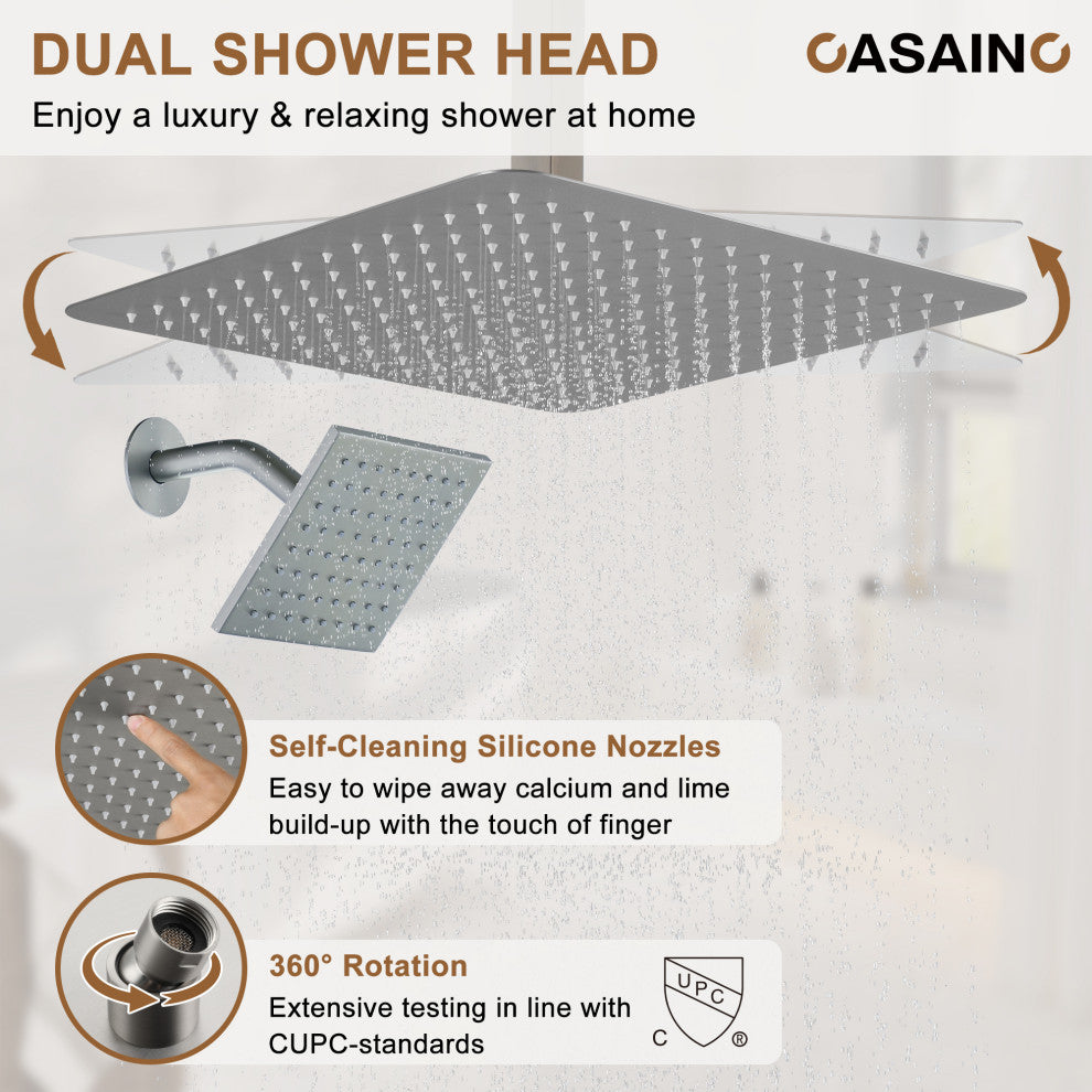 16inch Deluxe Showerhead Dual Shower Head System With Slide Bar and 6 Body Jets, Brushed Nickel