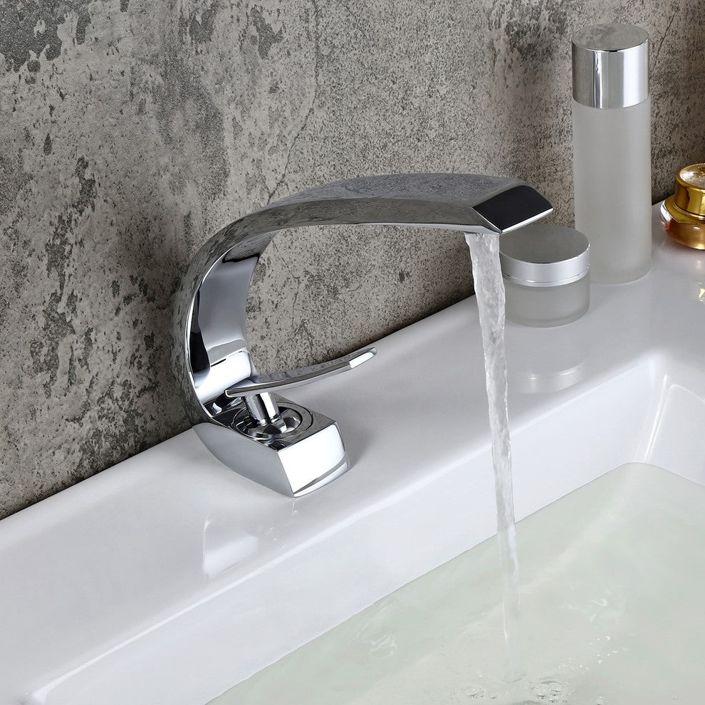 Single Hole 1-Handle Bathroom Sink Faucet Curved Spout with Pop Up Drain, Chrome