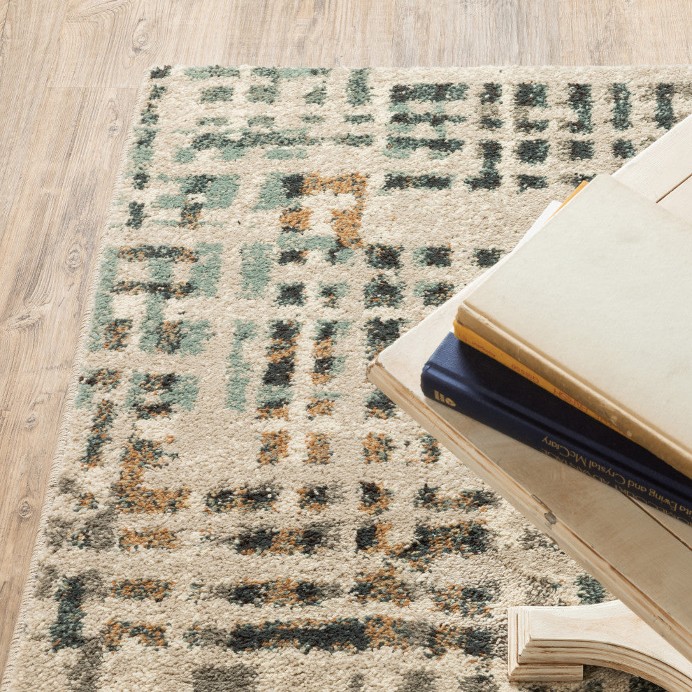 Carolina Distressed Grid Area Rug, Beige, 7'10"x10'