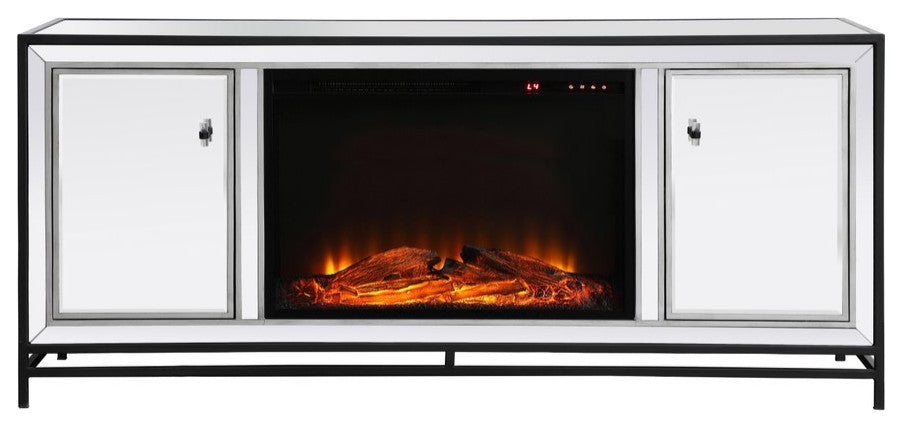 Jesse 60" Mirrored TV Stand With Wood Fireplace, Black