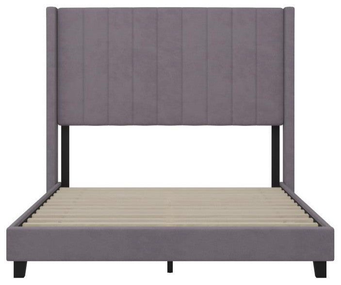 Bianca Upholstered Platform Bed w/Vertical Stitched Wingback Headboard, Gray Velvet, Full
