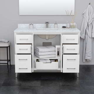 Amici 48" White Single Vanity, Carrara Cultured Marble Top, Matte Black Trim