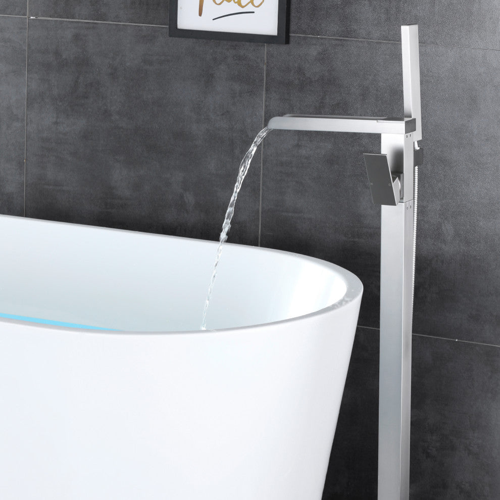 Waterfall Floor Mounted Tub Faucet With Hand Held Shower, Brushed Nickel