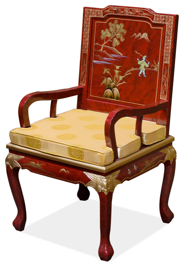 Red Queen Anne Chinoiserie Scenery Oriental Arm Chair